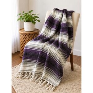 Frank's Textiles Falsa Blanket Purple Grey White Striped Mexican Throw Fringe